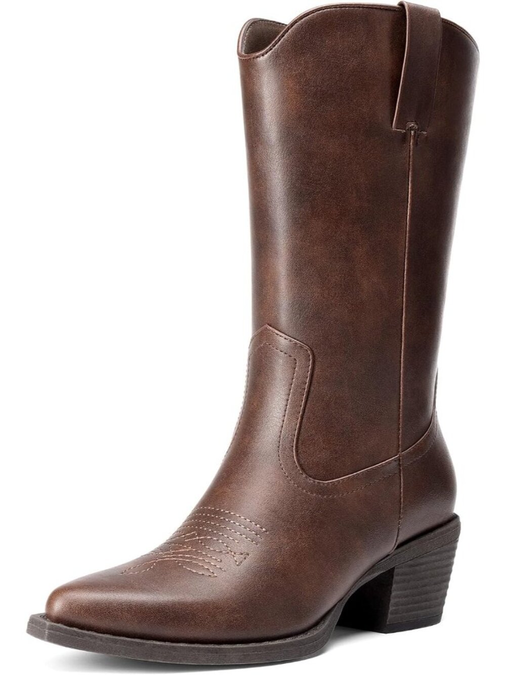 Women's Brown Faux Leather Narrow Square Toe Mid Calf Western Cowgirl Boots